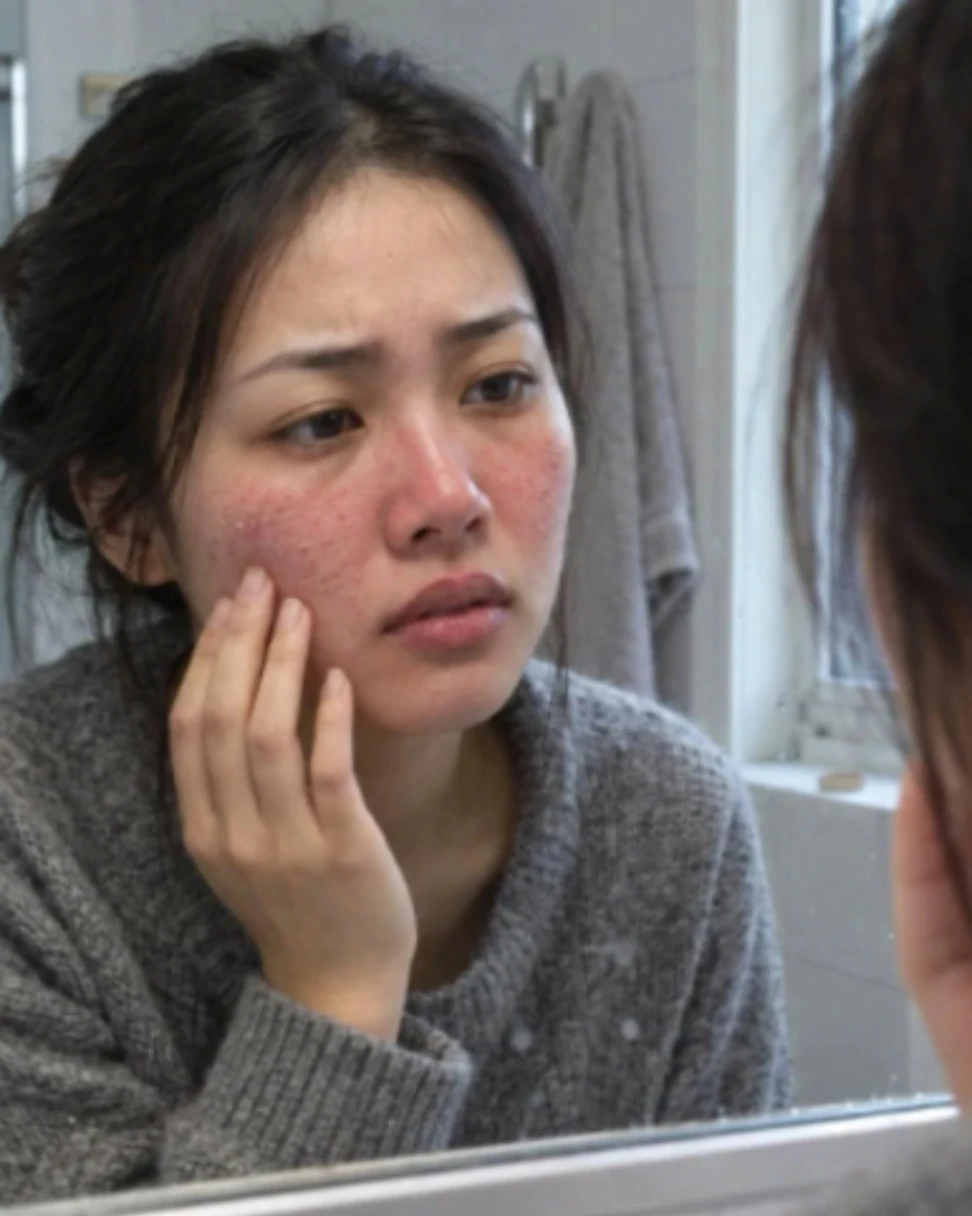 Da mặt mẩn đỏ, khô ráp khi thời tiết chuyển lạnh, cần được chăm sóc và dưỡng ẩm đúng cách để bảo vệ da trong mùa đông.
